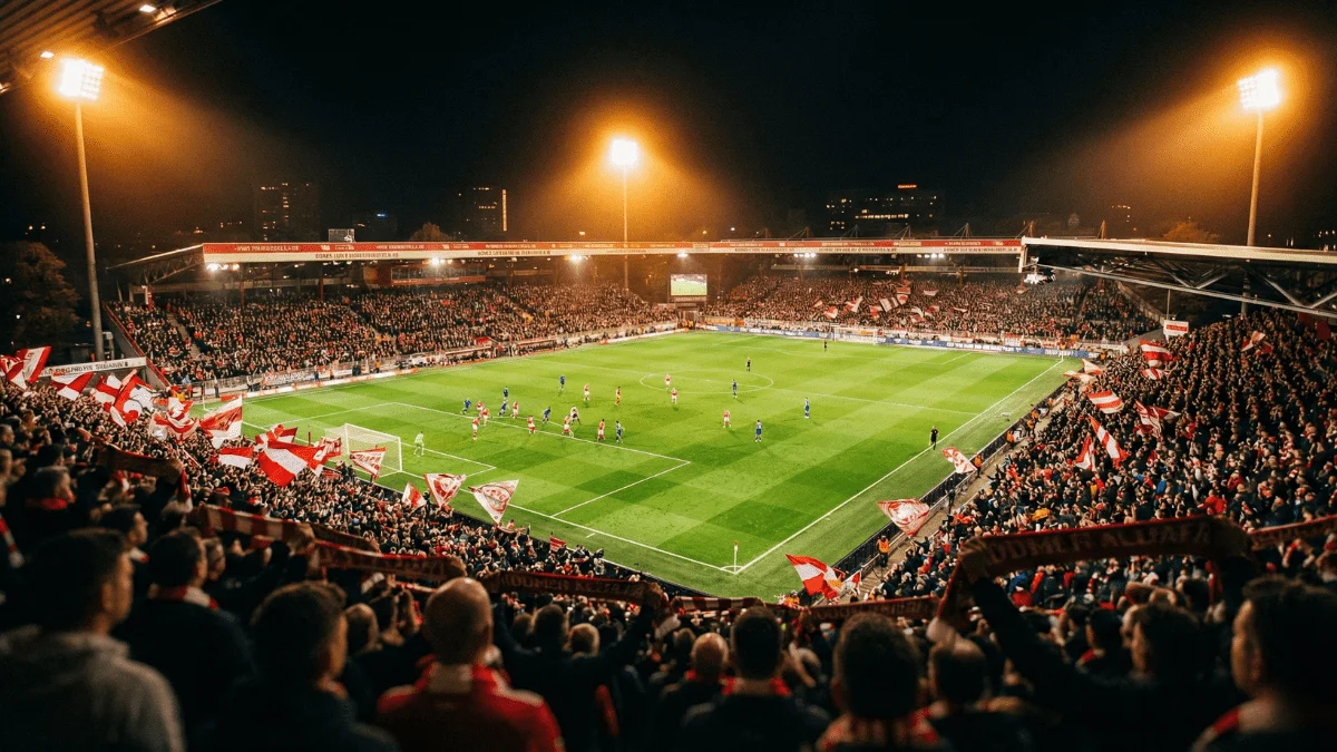 Estádio de futebol iluminado à noite com adeptos a acompanhar um jogo ao vivo
