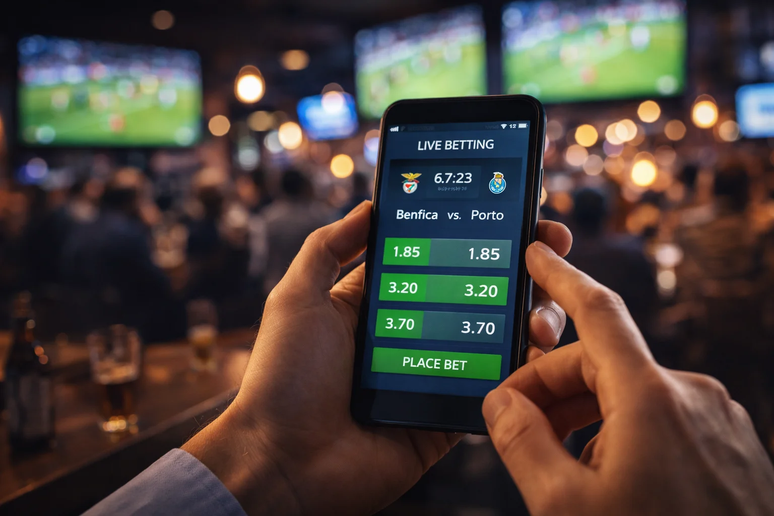 Smartphone a mostrar aplicação de apostas ao vivo com odds em tempo real durante jogo de futebol num bar desportivo