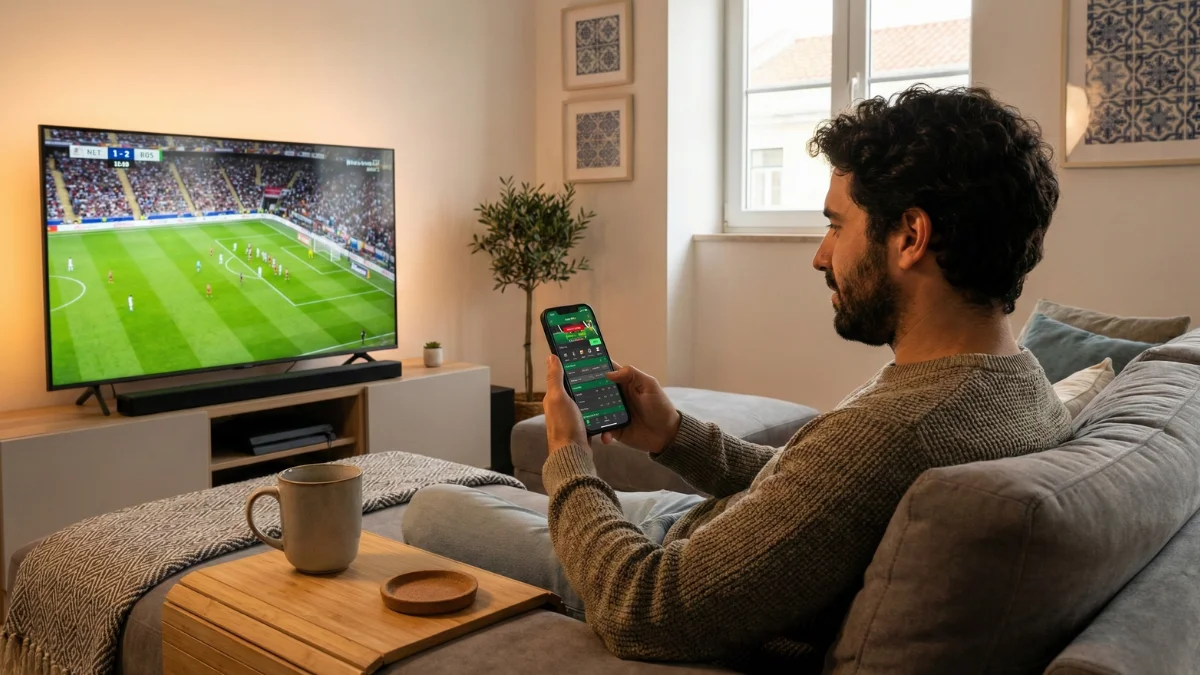 Apostador português a ver jogo de futebol na televisão enquanto consulta aplicação de apostas desportivas no smartphone