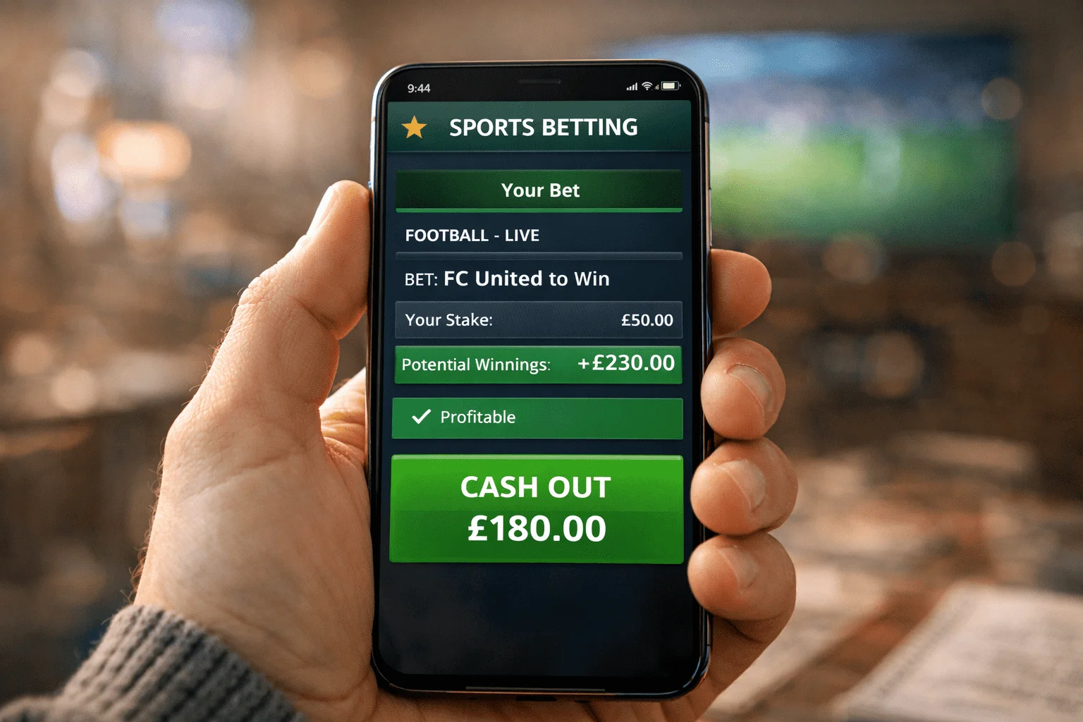 Ecrã de smartphone mostrando opção de cash out com lucro garantido numa aposta desportiva