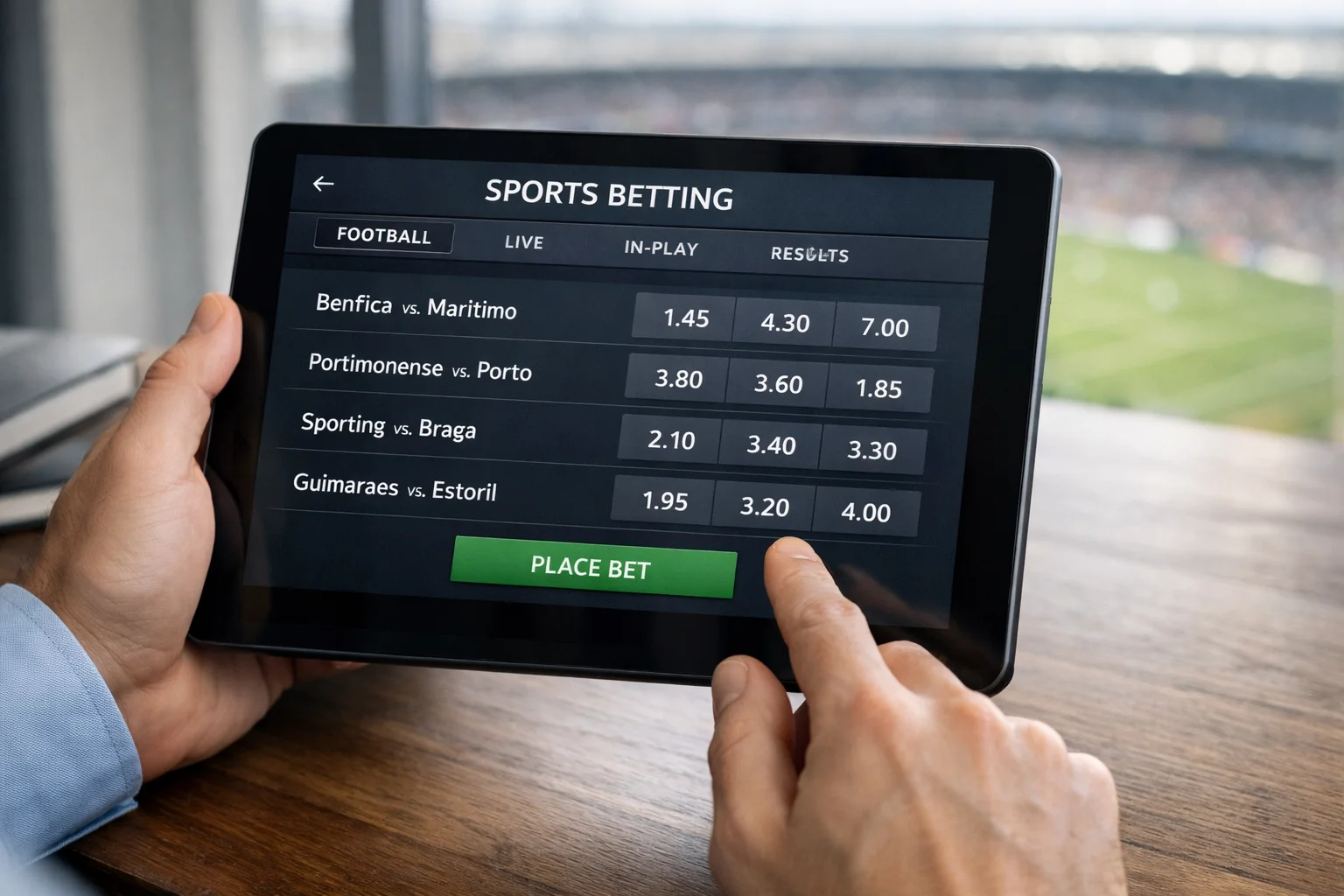 Tablet a mostrar interface de apostas desportivas com odds de jogos de futebol da liga portuguesa