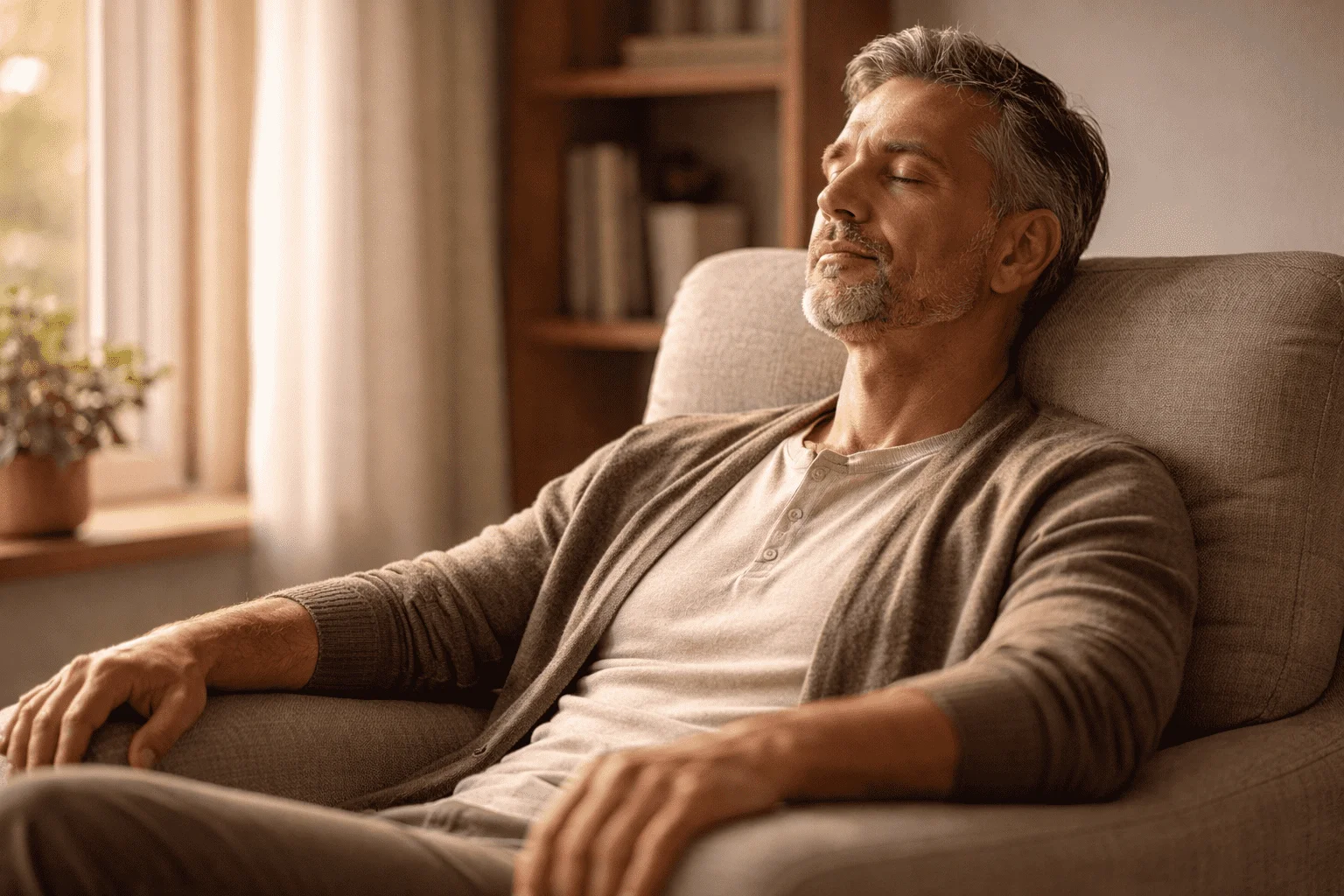 Homem calmo e focado a meditar ou refletir antes de tomar decisões importantes