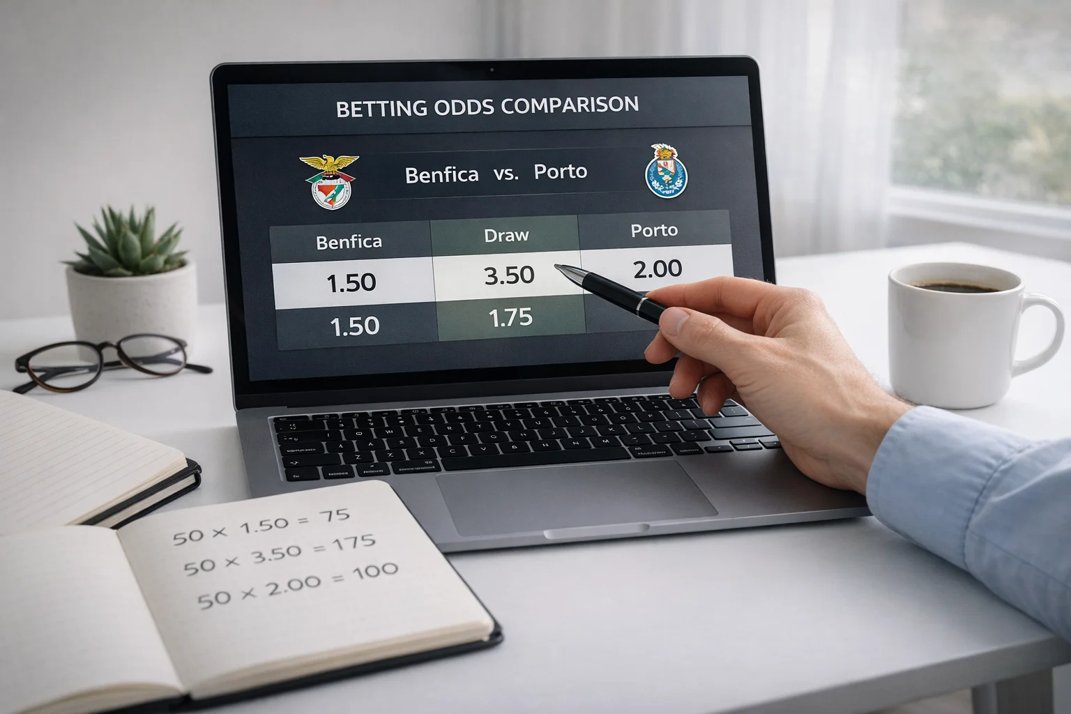 Computador portátil a mostrar comparação de odds decimais com caderno de anotações e cálculos de apostas