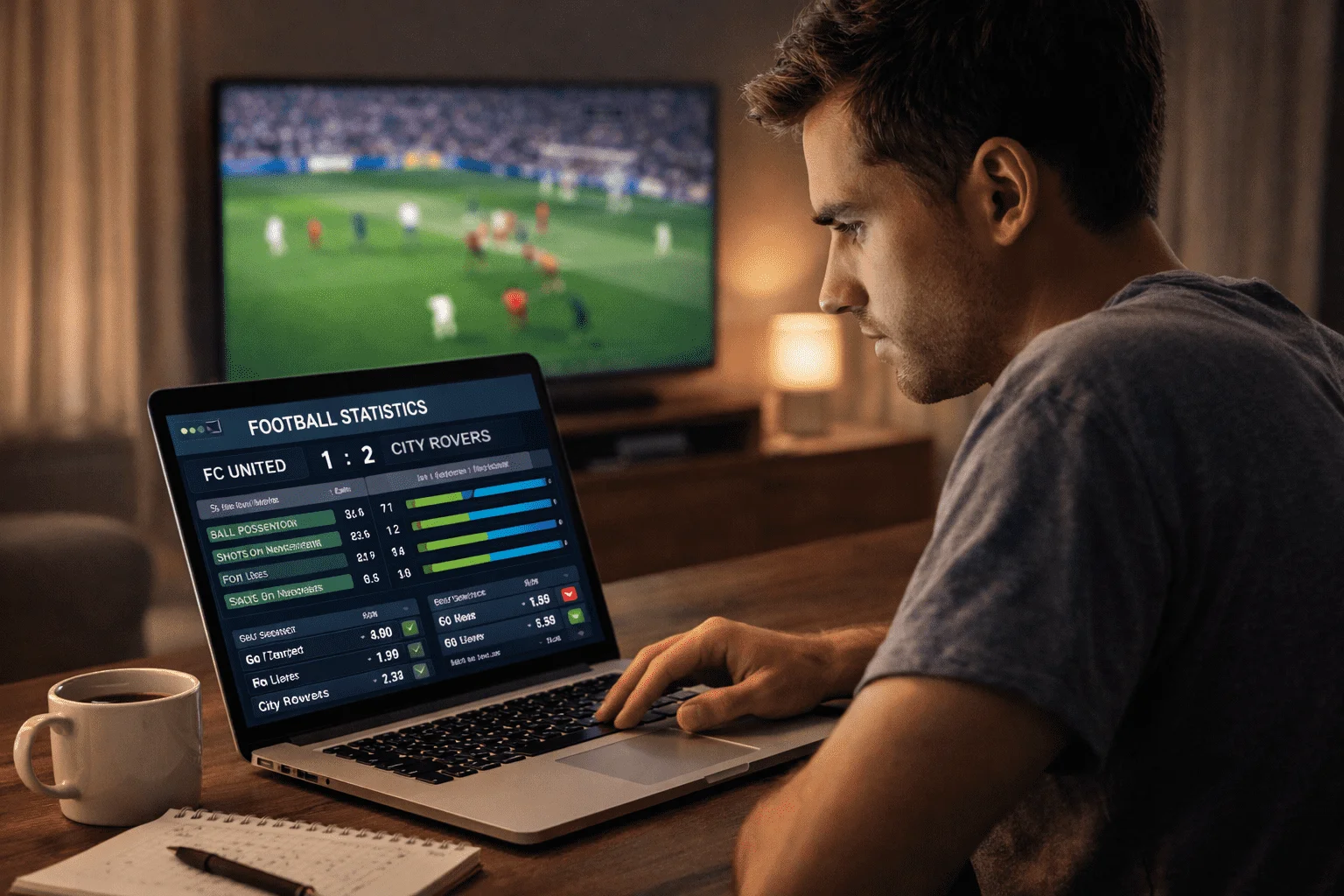 Pessoa a analisar estatísticas de futebol num portátil enquanto vê um jogo na televisão