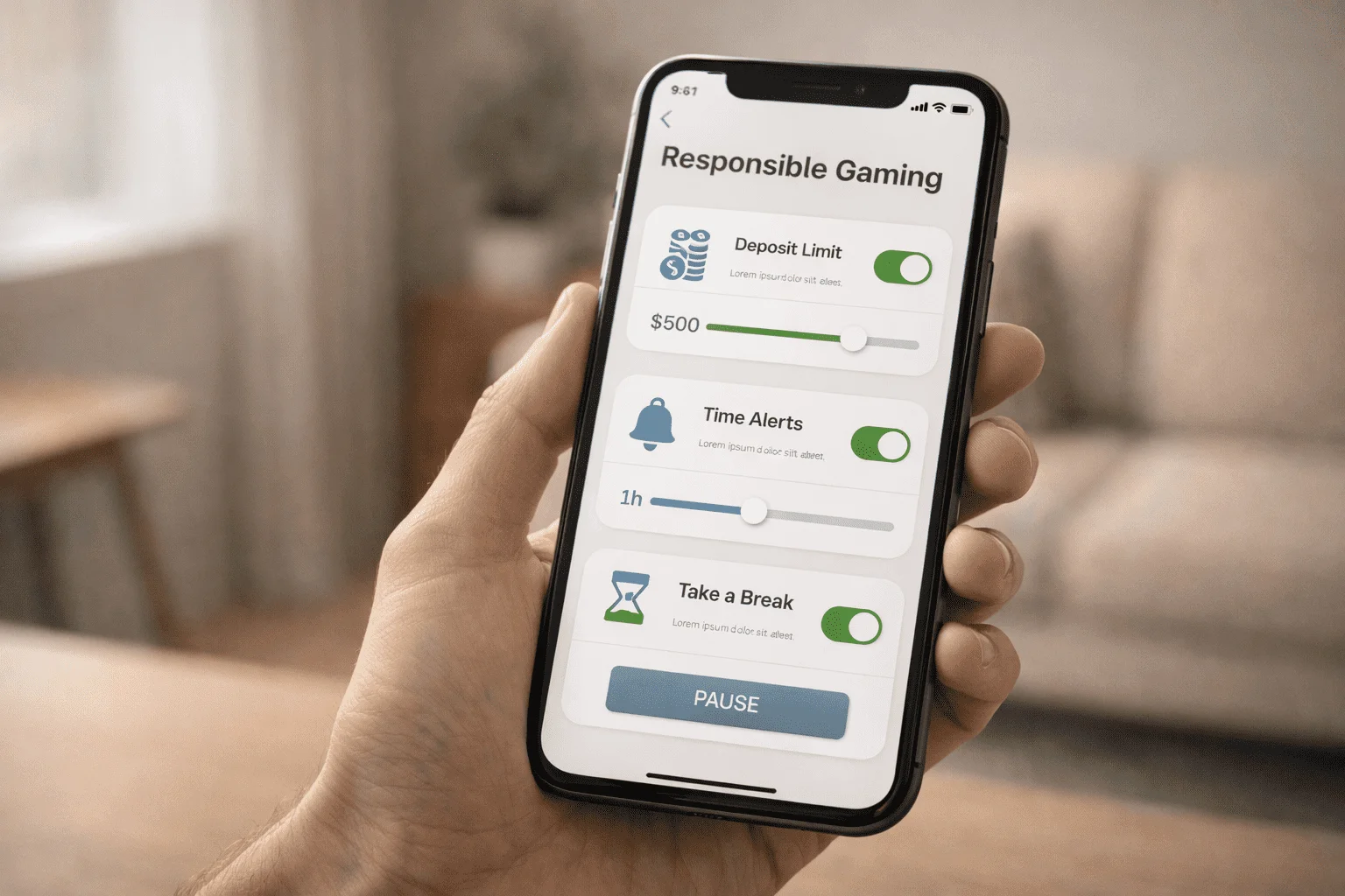 Interface de aplicação móvel mostrando opções de limites e ferramentas de jogo responsável