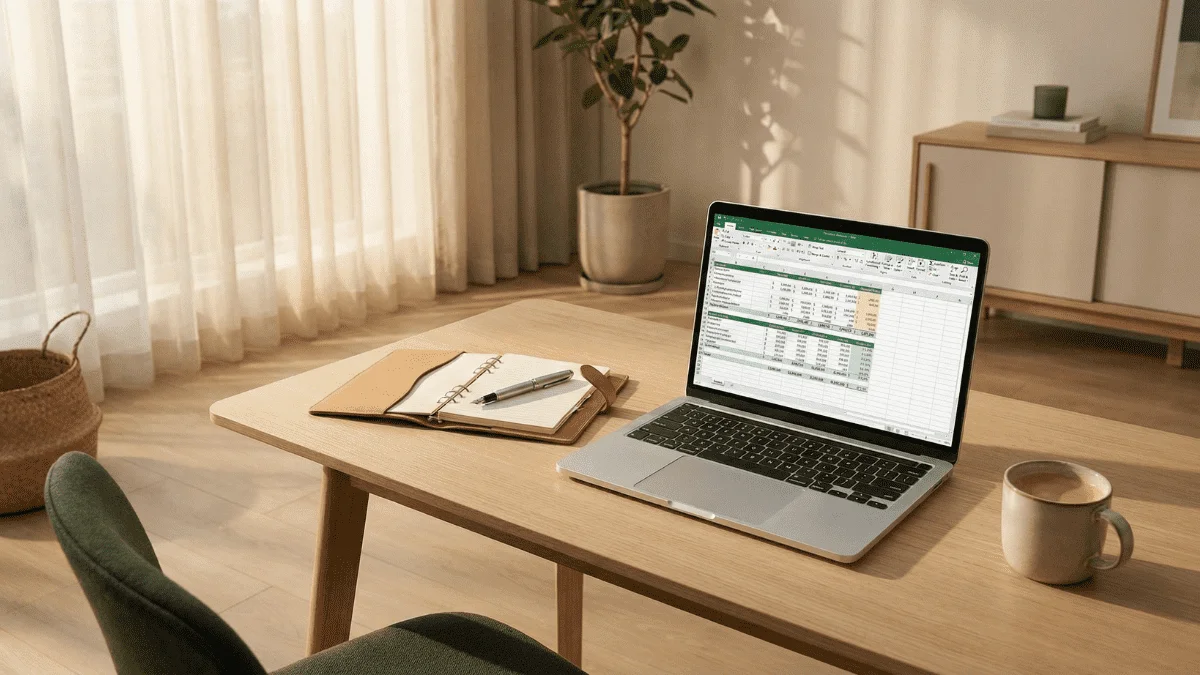 Mesa de trabalho organizada com portátil, bloco de notas e caneta representando planeamento financeiro responsável