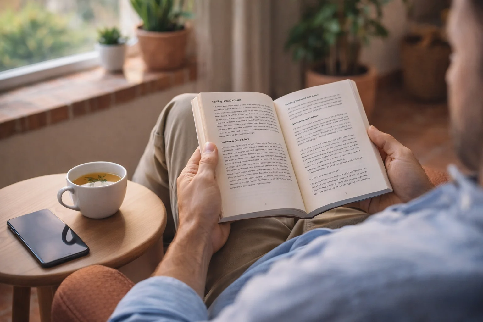 Pessoa a relaxar numa poltrona a ler um livro com smartphone desligado ao lado, transmitindo equilíbrio e jogo responsável