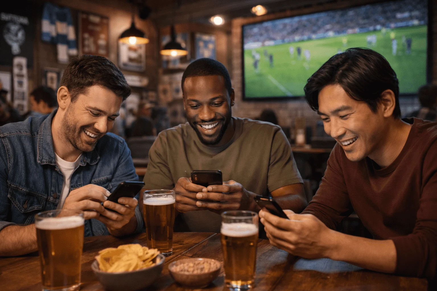 Grupo de amigos a ver futebol juntos num bar enquanto consultam apostas nos telemóveis