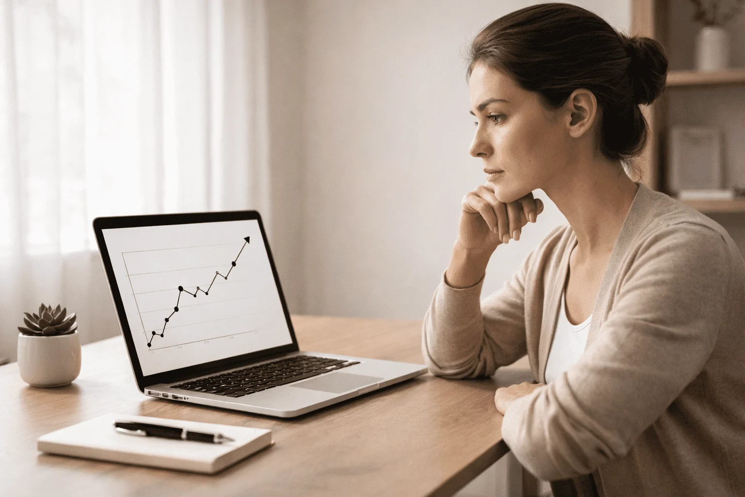 Pessoa focada a trabalhar num portátil com gráficos simples de gestão financeira