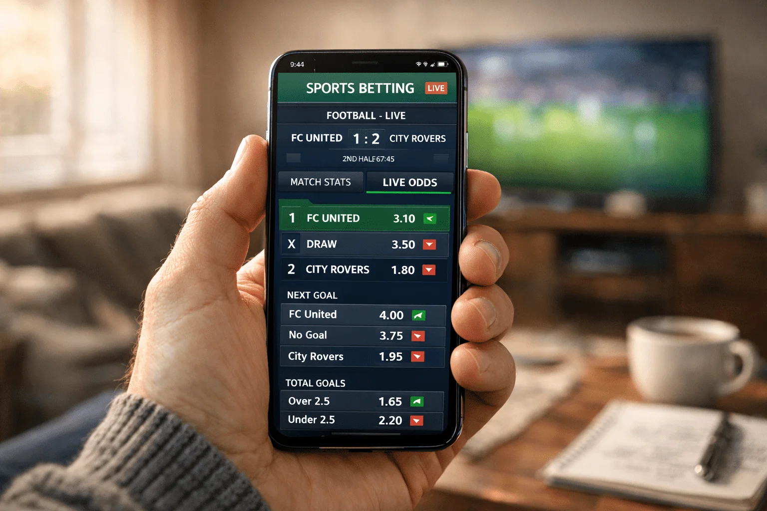 Mão a segurar smartphone com aplicação de apostas mostrando odds em tempo real